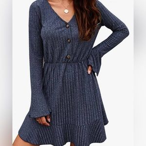 Women’s Small Long Sleeve Flare Dress Blue with Elastic Waist